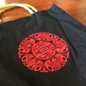 Vtg Embroidered Bamboo Handle Bag